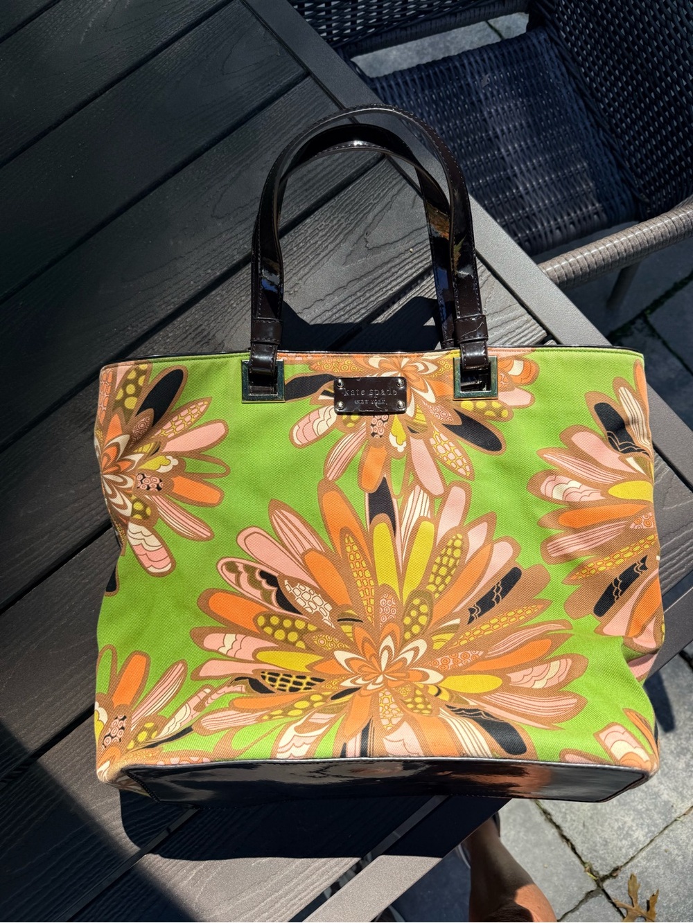 Kate Spade Green Pink Floral Canvas Patent Leather Tote Bag